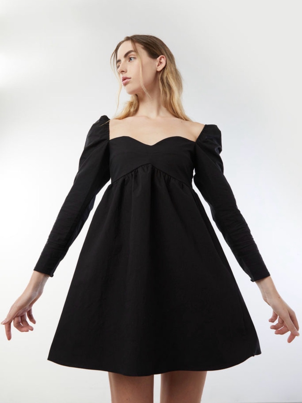 OAK + FORT Sweetheart Babydoll Mini Dress Black Puff Sleeve Size XS